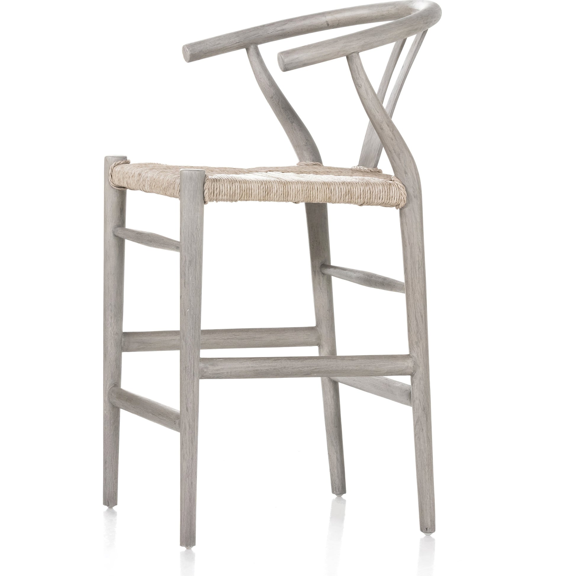 Muestra Counter Stool by Four Hands in vintage white, black teak. Made from solid teak, 100% polyethylene in a coastal style.