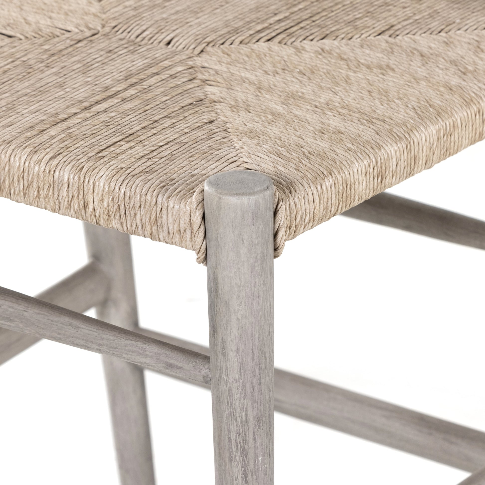 Muestra Counter Stool by Four Hands in vintage white, black teak. Made from solid teak, 100% polyethylene in a coastal style.