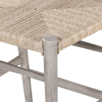 Muestra Counter Stool by Four Hands in vintage white, black teak. Made from solid teak, 100% polyethylene in a coastal style.