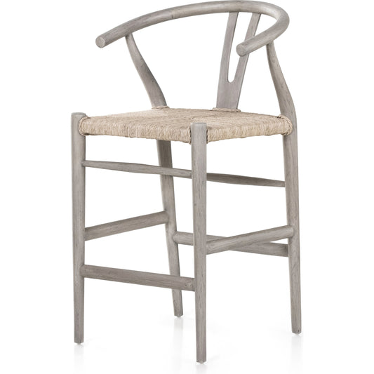 Muestra Counter Stool by Four Hands in vintage white, weathered grey teak. Made from solid teak, 100% polyethylene in a coastal style.