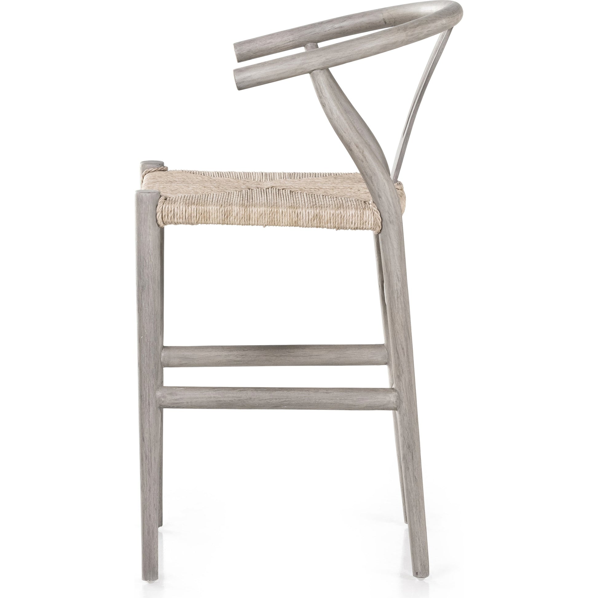 Muestra Counter Stool by Four Hands in vintage white, black teak. Made from solid teak, 100% polyethylene in a coastal style.
