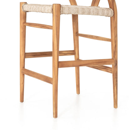 Muestra Counter Stool by Four Hands in vintage white, black teak. Made from solid teak, 100% polyethylene in a coastal style.
