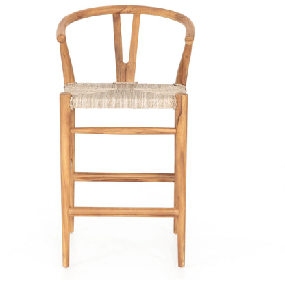 Muestra Counter Stool by Four Hands in vintage white, black teak. Made from solid teak, 100% polyethylene in a coastal style.