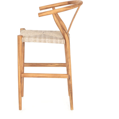 Muestra Counter Stool by Four Hands in vintage white, black teak. Made from solid teak, 100% polyethylene in a coastal style.