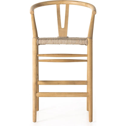 Muestra Counter Stool by Four Hands in vintage white, black teak. Made from solid teak, 100% polyethylene in a coastal style.