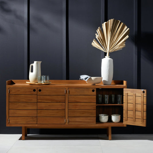 Lula Outdoor Sideboard by Four Hands. Made from solid fsc®-certified teak in a coastal style.