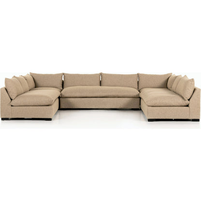 Grant 5-PC Sectional by Four Hands in ashby oatmeal and espresso. Made from 72% polyester, 18% pre-combed cotton, 10% cotton, solid banak, solid pine in a modern style.