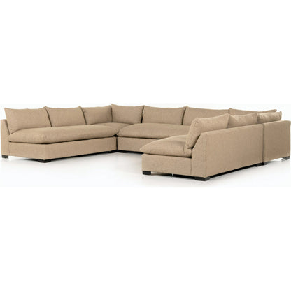 Grant 5-PC Sectional by Four Hands in ashby oatmeal and espresso. Made from 72% polyester, 18% pre-combed cotton, 10% cotton, solid banak, solid pine in a modern style.