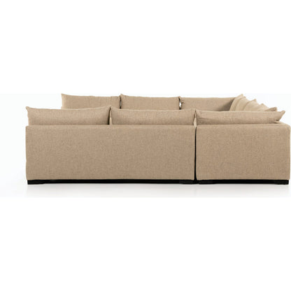 Grant 5-PC Sectional by Four Hands in ashby oatmeal and espresso. Made from 72% polyester, 18% pre-combed cotton, 10% cotton, solid banak, solid pine in a modern style.