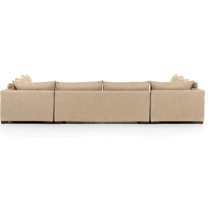 Grant 5-PC Sectional by Four Hands in ashby oatmeal and espresso. Made from 72% polyester, 18% pre-combed cotton, 10% cotton, solid banak, solid pine in a modern style.