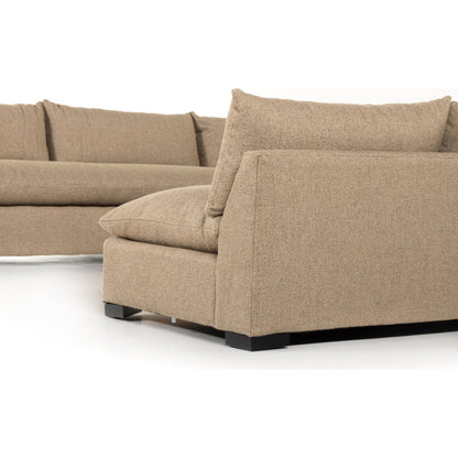 Grant 5-PC Sectional by Four Hands in ashby oatmeal and espresso. Made from 72% polyester, 18% pre-combed cotton, 10% cotton, solid banak, solid pine in a modern style.