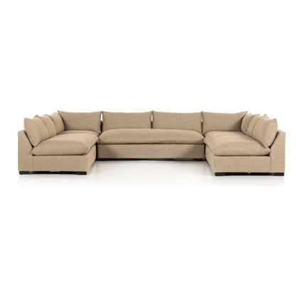 Grant 5-PC Sectional by Four Hands in ashby oatmeal and espresso. Made from 72% polyester, 18% pre-combed cotton, 10% cotton, solid banak, solid pine in a modern style.