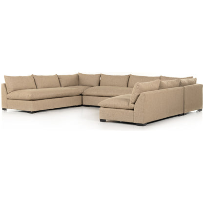 Grant 5-PC Sectional by Four Hands in ashby oatmeal and espresso. Made from 72% polyester, 18% pre-combed cotton, 10% cotton, solid banak, solid pine in a modern style.