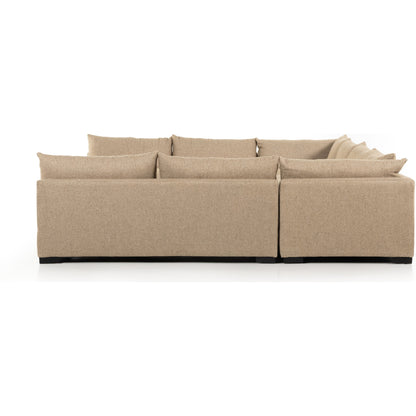 Grant 5-PC Sectional by Four Hands in ashby oatmeal and espresso. Made from 72% polyester, 18% pre-combed cotton, 10% cotton, solid banak, solid pine in a modern style.