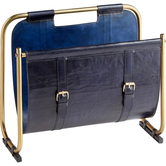 Granville Magazine Rack by Cyan Design in blue, antique brass. Made from iron, leather in a transitional style.