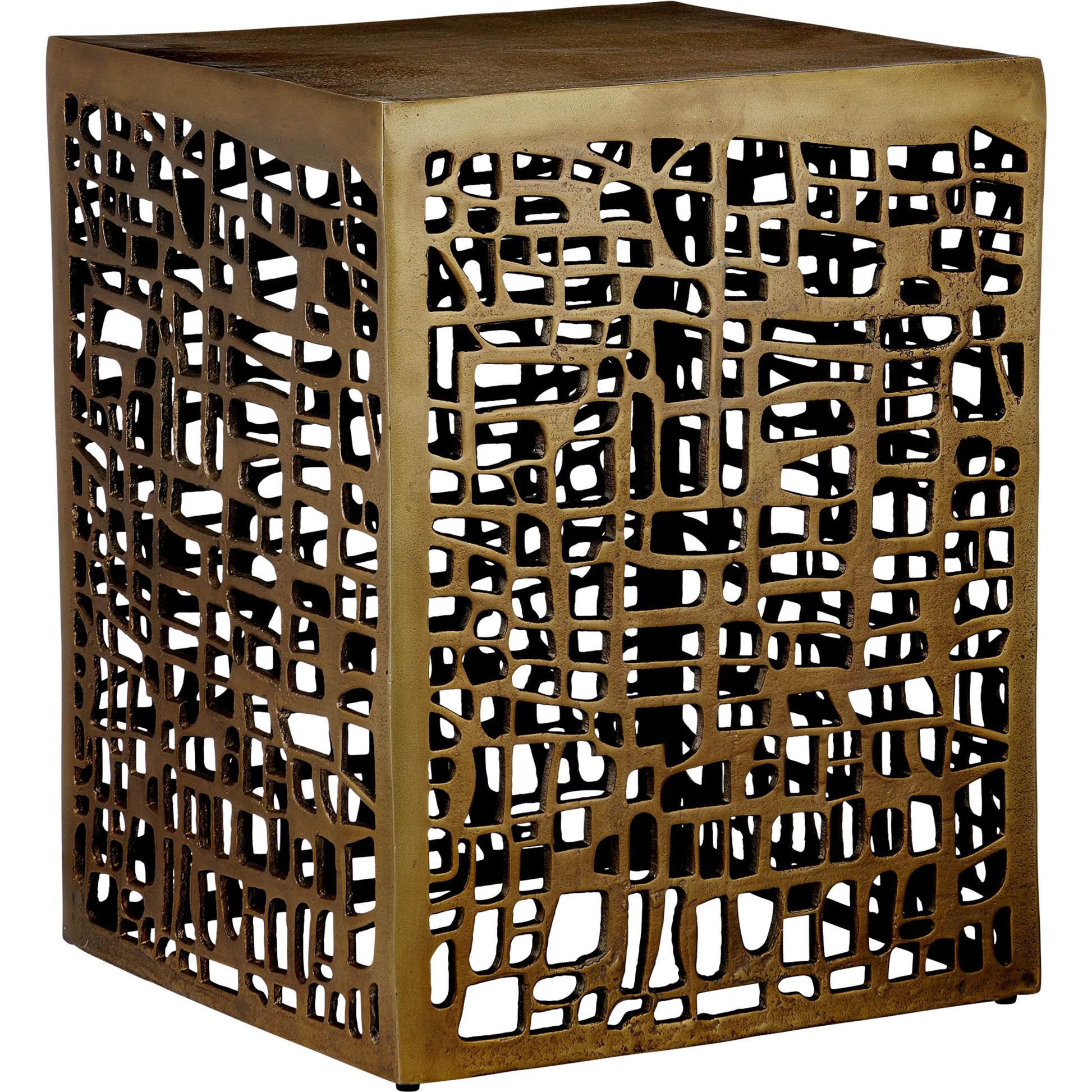 Gowen Accent Table by Currey and Company in antique brass. Made from cast aluminum in a modern style.