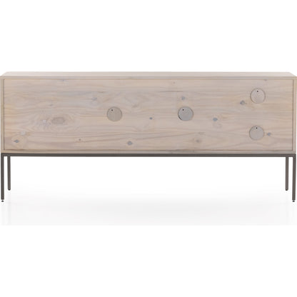 Trey Media Console by Four Hands. Made from solid poplar, top grain leather, iron in a modern style.