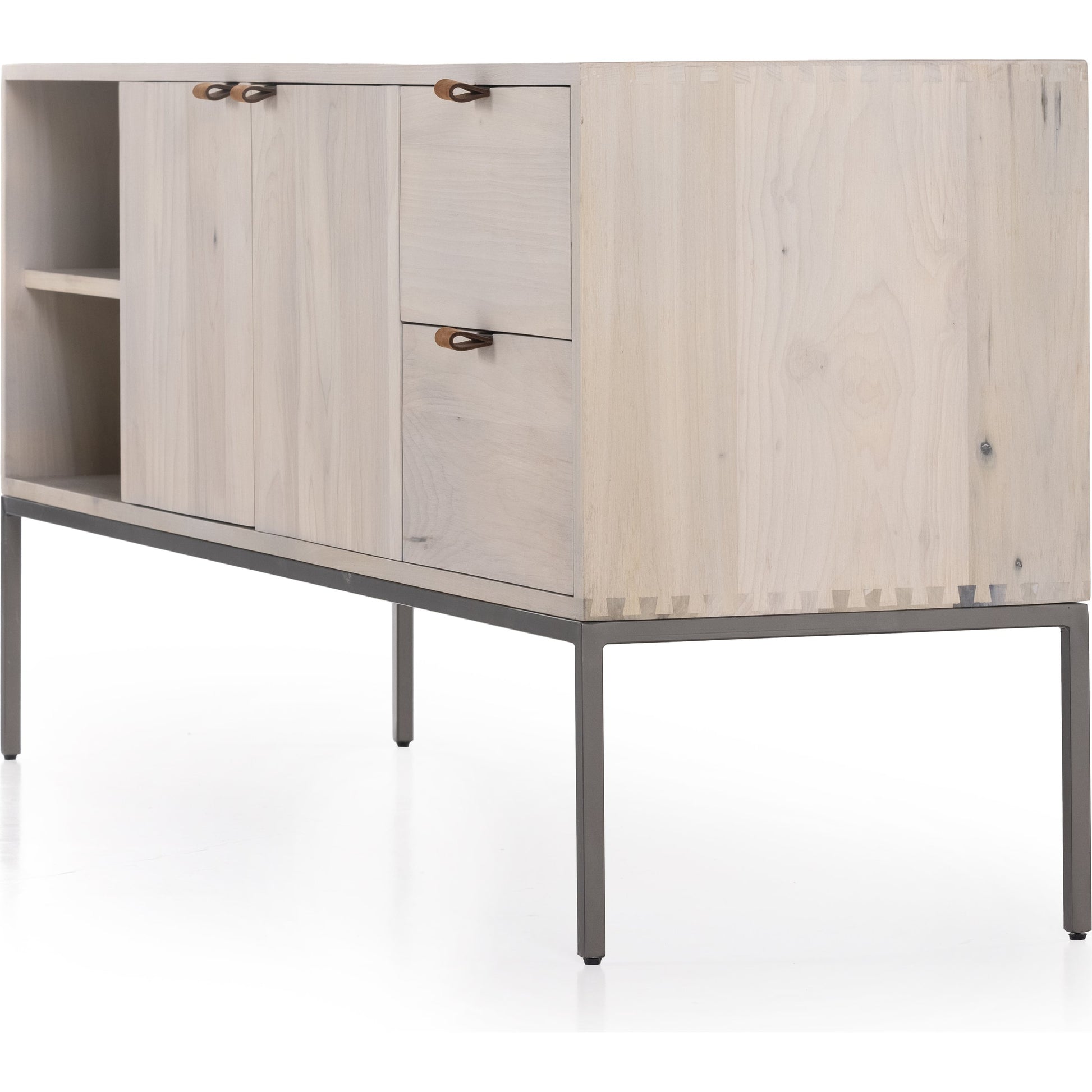Trey Media Console by Four Hands. Made from solid poplar, top grain leather, iron in a modern style.