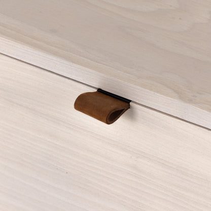 Trey Media Console by Four Hands. Made from solid poplar, top grain leather, iron in a modern style.