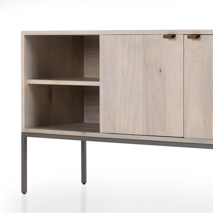 Trey Media Console by Four Hands. Made from solid poplar, top grain leather, iron in a modern style.