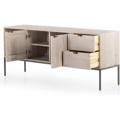 Trey Media Console by Four Hands. Made from solid poplar, top grain leather, iron in a modern style.
