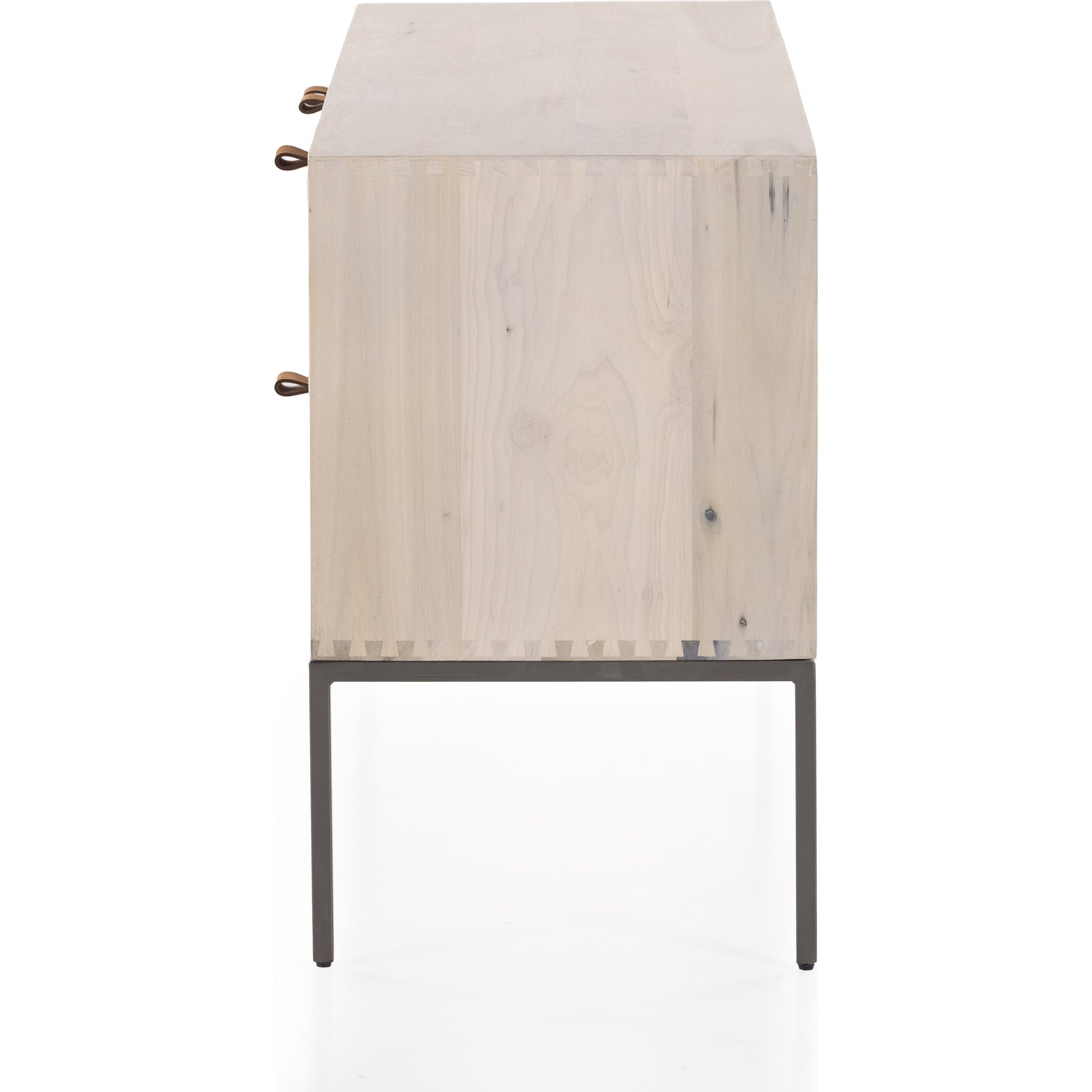 Trey Media Console by Four Hands. Made from solid poplar, top grain leather, iron in a modern style.