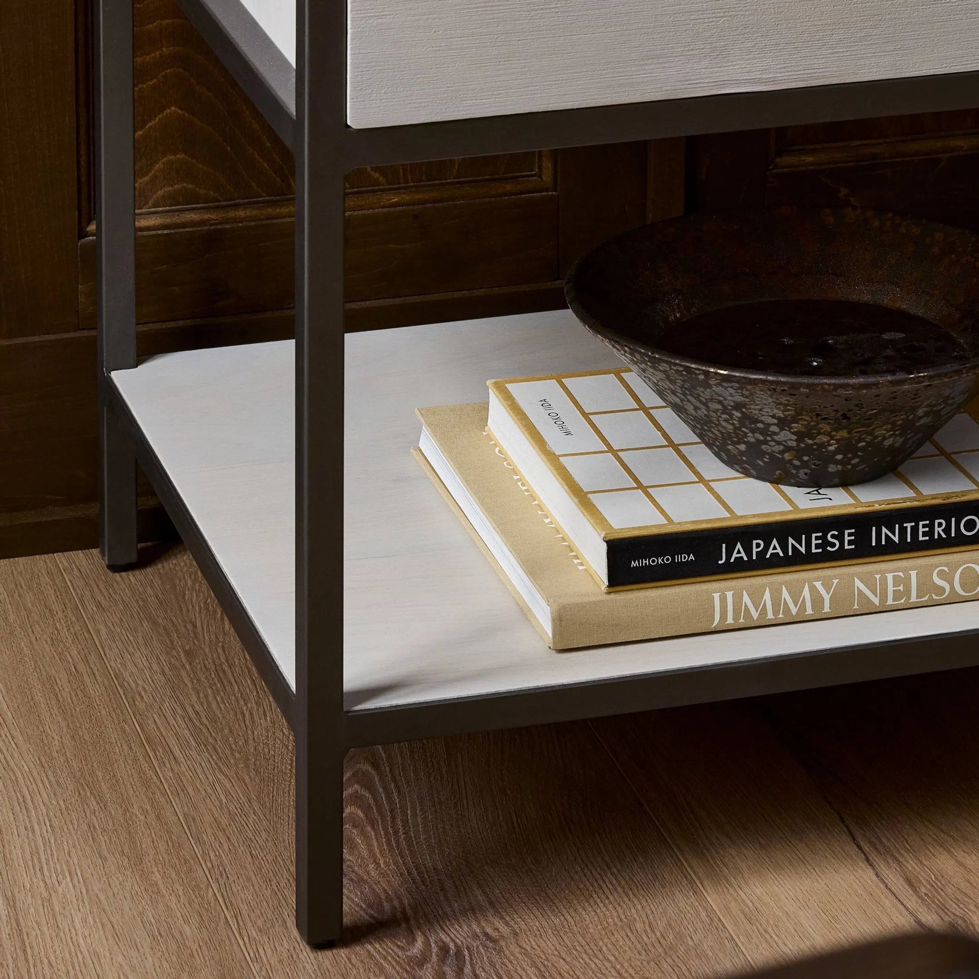 Trey Bookshelf by Four Hands. Made from iron, top grain leather, solid poplar in a modern style.