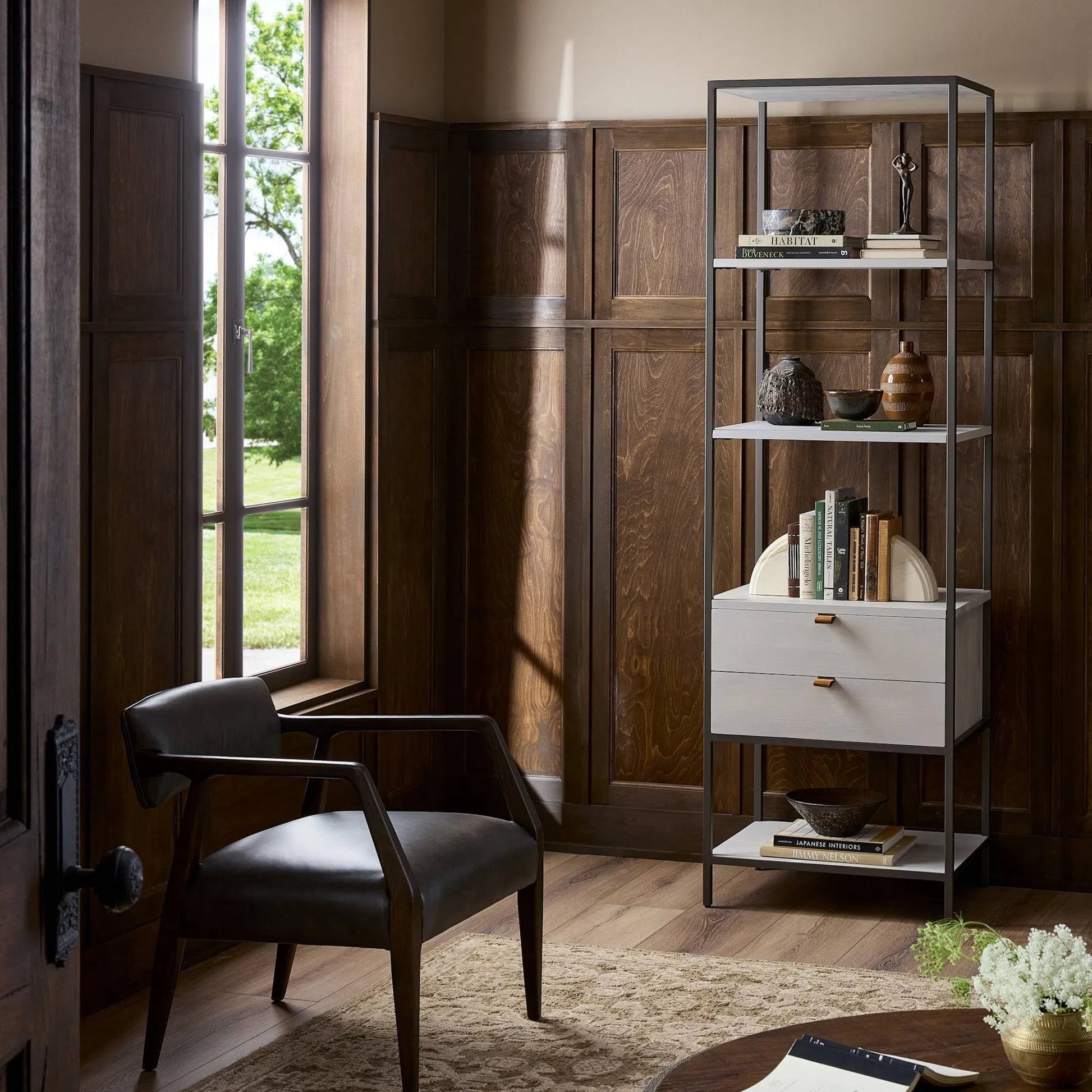 Trey Bookshelf by Four Hands. Made from iron, top grain leather, solid poplar in a modern style.