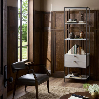 Trey Bookshelf by Four Hands. Made from iron, top grain leather, solid poplar in a modern style.