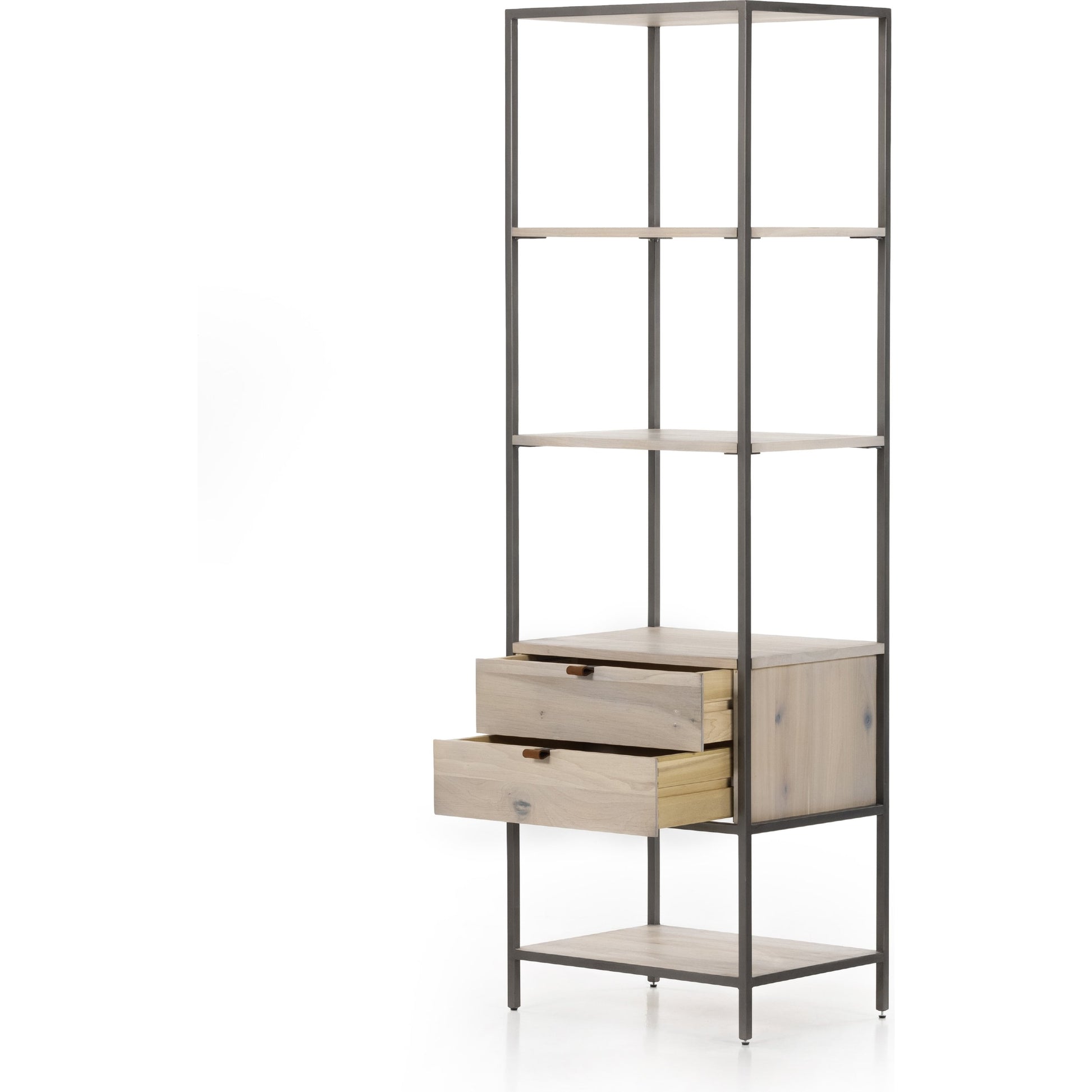 Trey Bookshelf by Four Hands. Made from iron, top grain leather, solid poplar in a modern style.