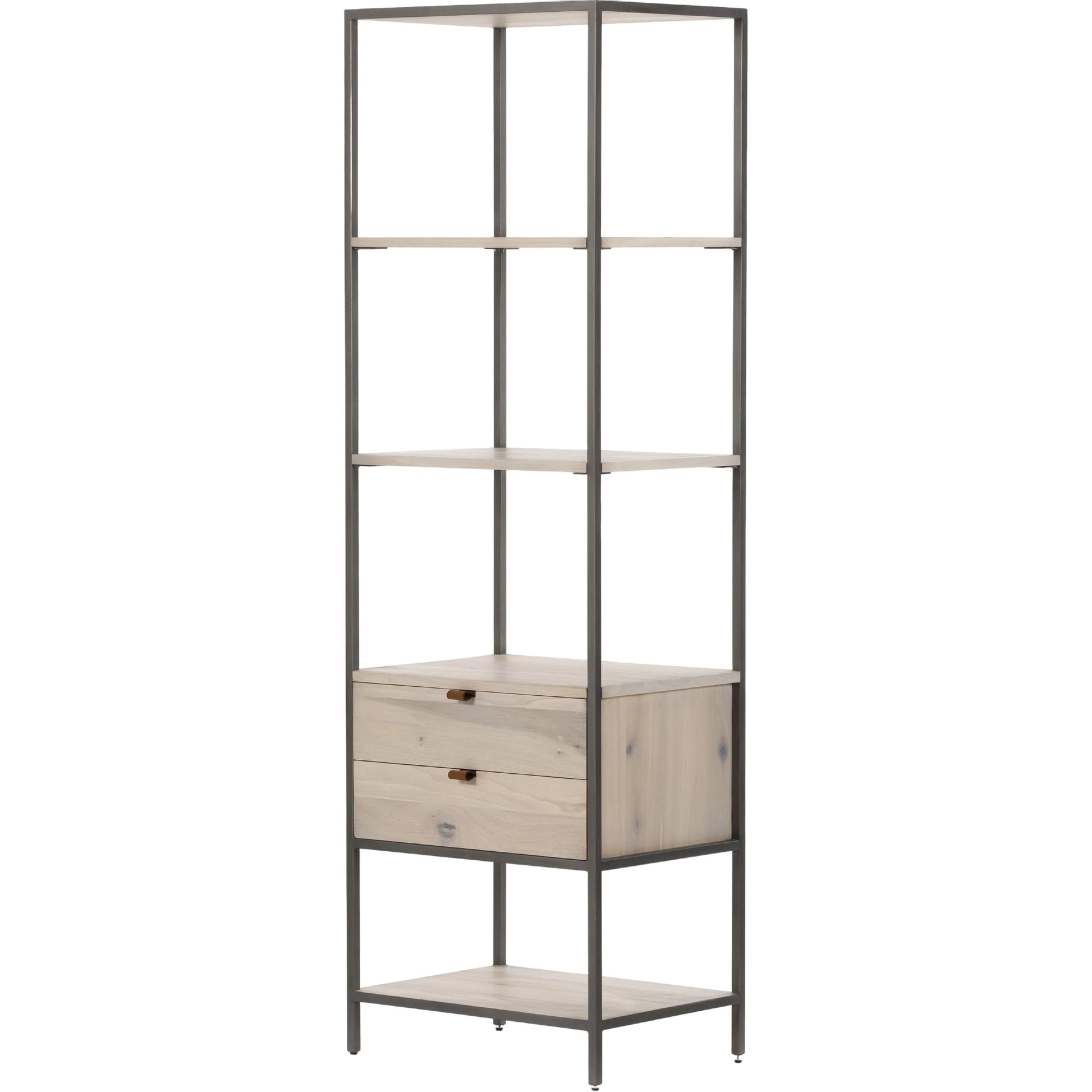 Trey Bookshelf by Four Hands. Made from iron, top grain leather, solid poplar in a modern style.