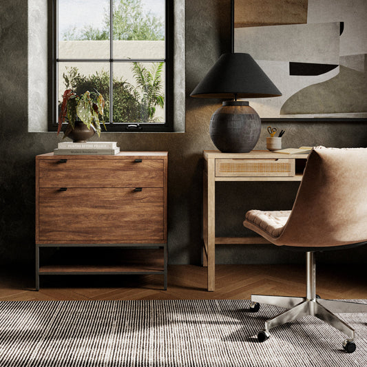 Trey Modular Filing Cabinet by Four Hands. Made from solid poplar, top grain leather, iron in a modern style.