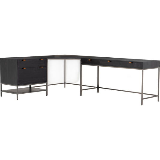 Trey Desk System with Filing Cabinet by Four Hands. Made from solid poplar, top grain leather, iron in a modern style.