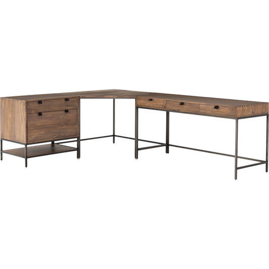Trey Desk System with Filing Cabinet by Four Hands. Made from solid poplar, top grain leather, iron in a modern style.