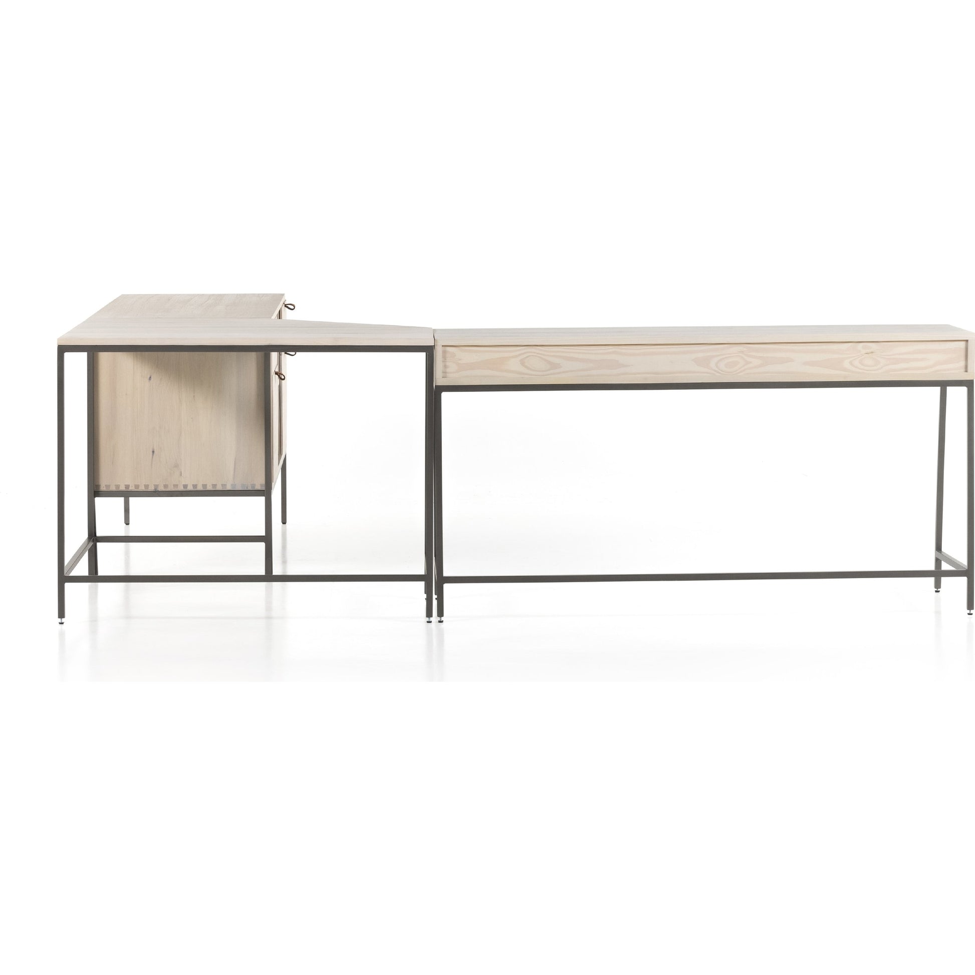Trey Desk System with Filing Credenza by Four Hands. Made from solid poplar, top grain leather, iron in a modern style.