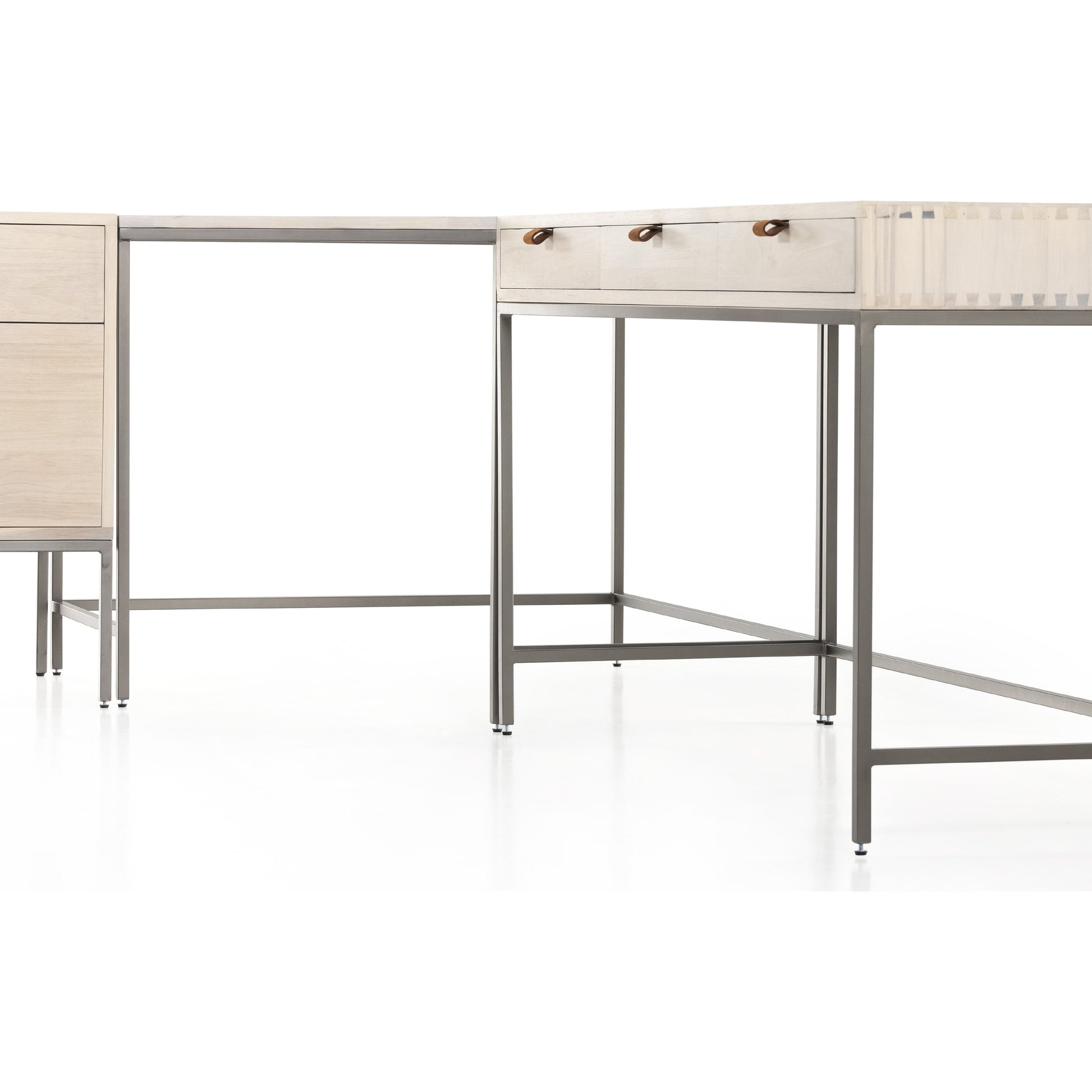 Trey Desk System with Filing Credenza by Four Hands. Made from solid poplar, top grain leather, iron in a modern style.