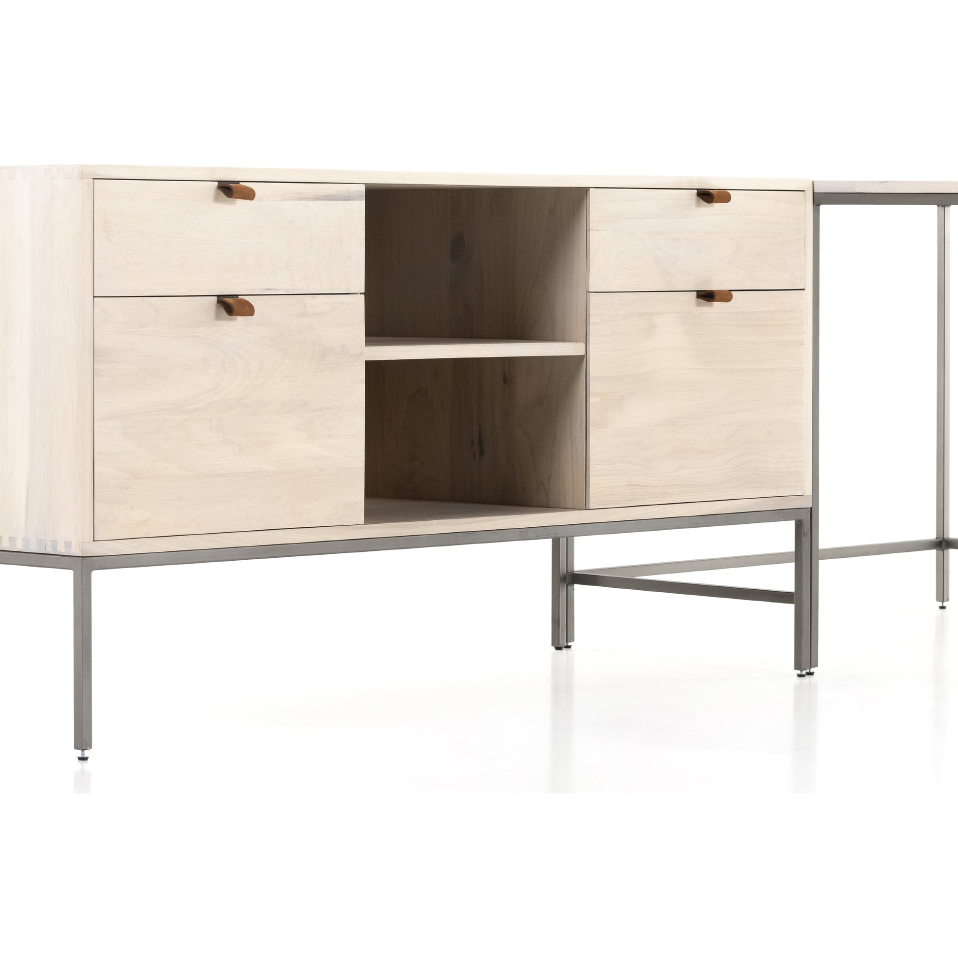 Trey Desk System with Filing Credenza by Four Hands. Made from solid poplar, top grain leather, iron in a modern style.
