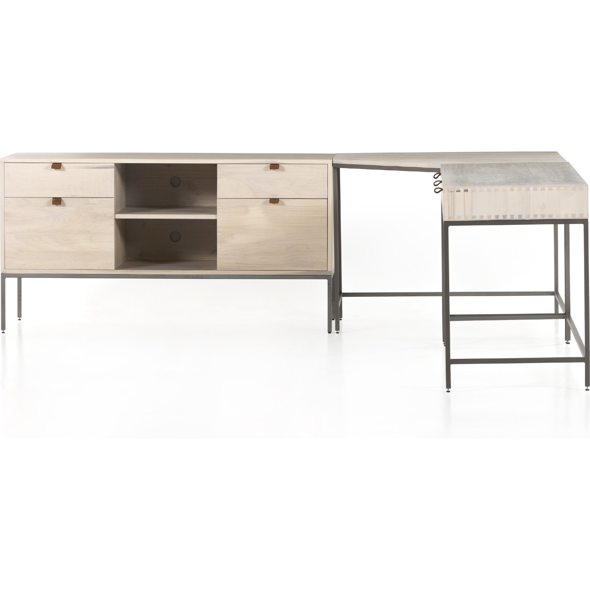Trey Desk System with Filing Credenza by Four Hands. Made from solid poplar, top grain leather, iron in a modern style.