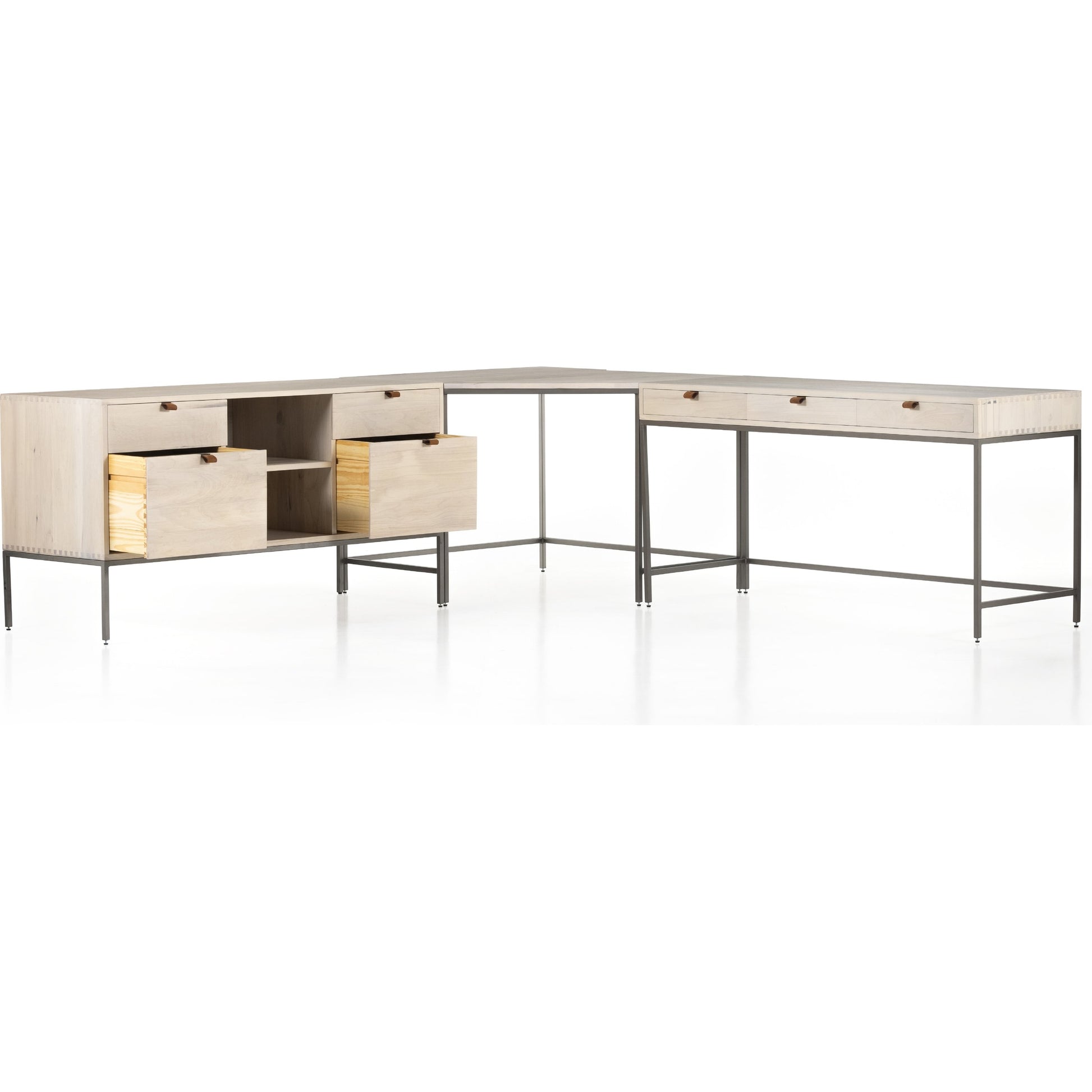 Trey Desk System with Filing Credenza by Four Hands. Made from solid poplar, top grain leather, iron in a modern style.