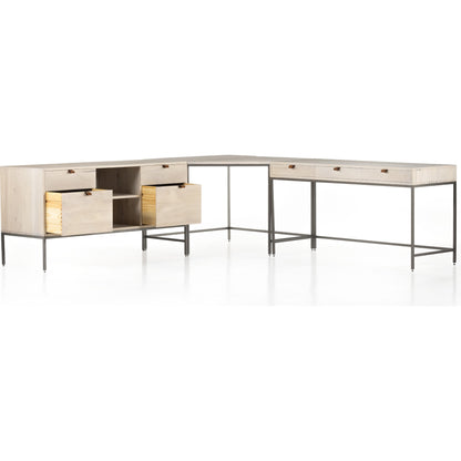 Trey Desk System with Filing Credenza by Four Hands. Made from solid poplar, top grain leather, iron in a modern style.