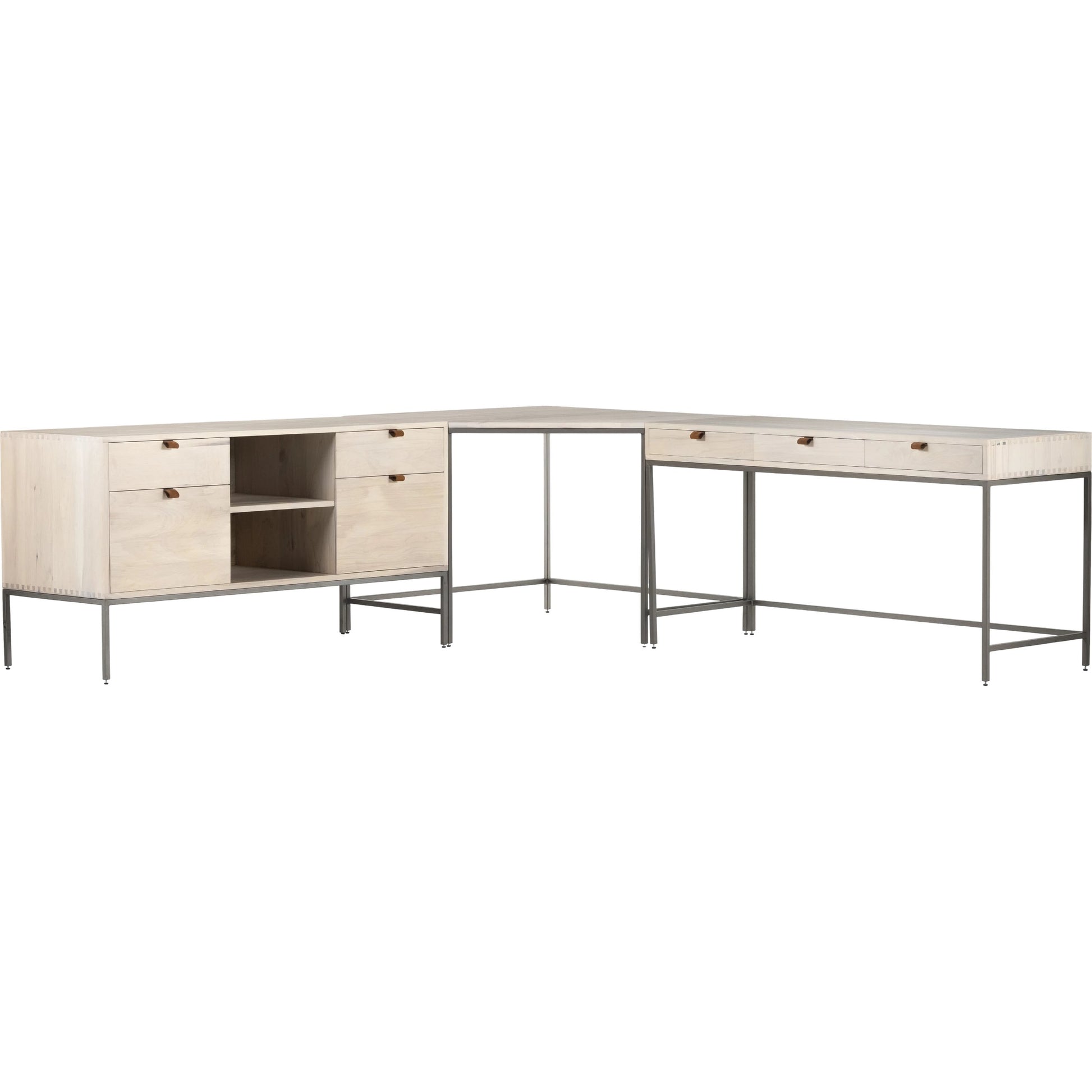 Trey Desk System with Filing Credenza by Four Hands. Made from solid poplar, top grain leather, iron in a modern style.
