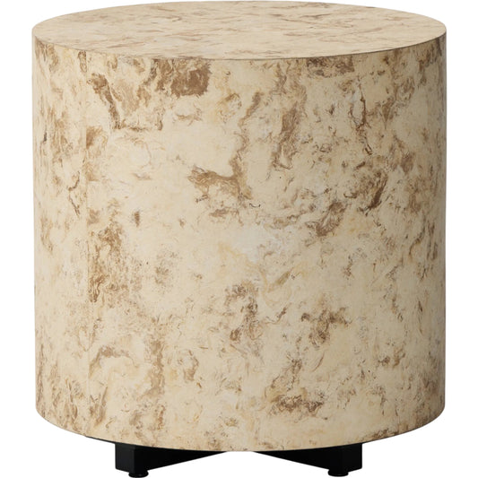 Hudson Round End Table by Four Hands in bark paper, black pine. Made from paper fiber, solid pine in a unique style.