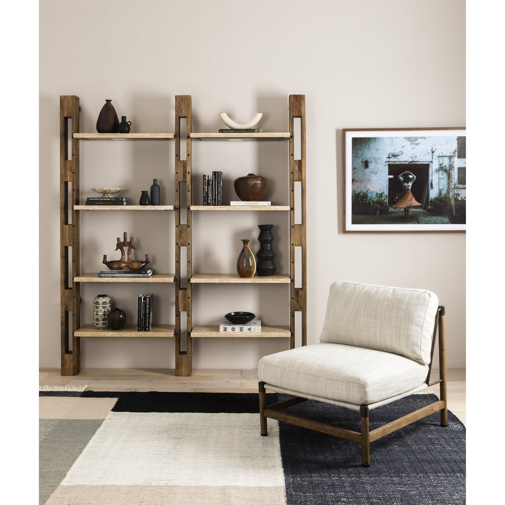Memphis Chair by Four Hands in gable taupe and distressed natural. Made from 82% polyester, 16% acrylic, 2% wool, solid parawood in a modern style.