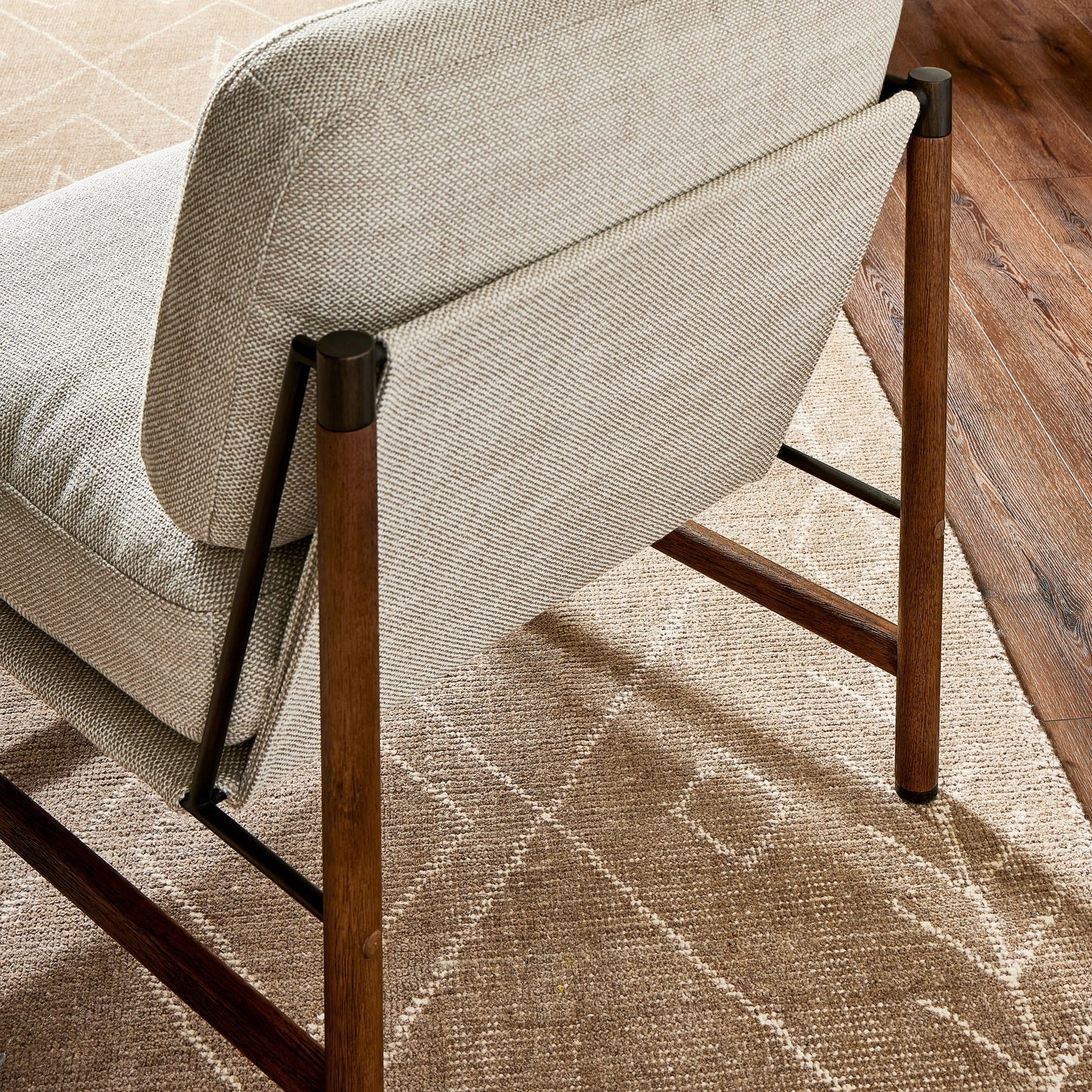 013 SI-1980577 | Lifestyle | Memphis Chair by Four Hands in gable taupe and distressed natural. Made from 82% polyester, 16% acrylic, 2% wool, solid parawood in a modern style.