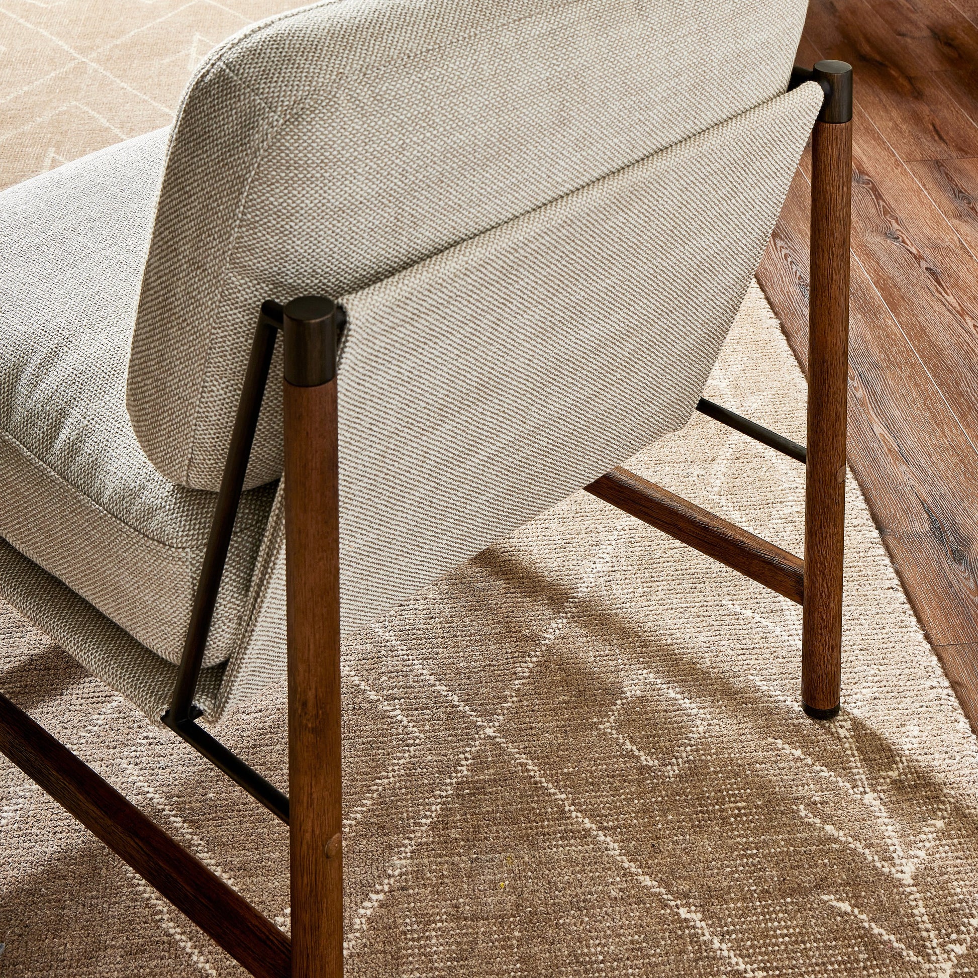 Memphis Chair by Four Hands in gable taupe and distressed natural. Made from 82% polyester, 16% acrylic, 2% wool, solid parawood in a modern style.