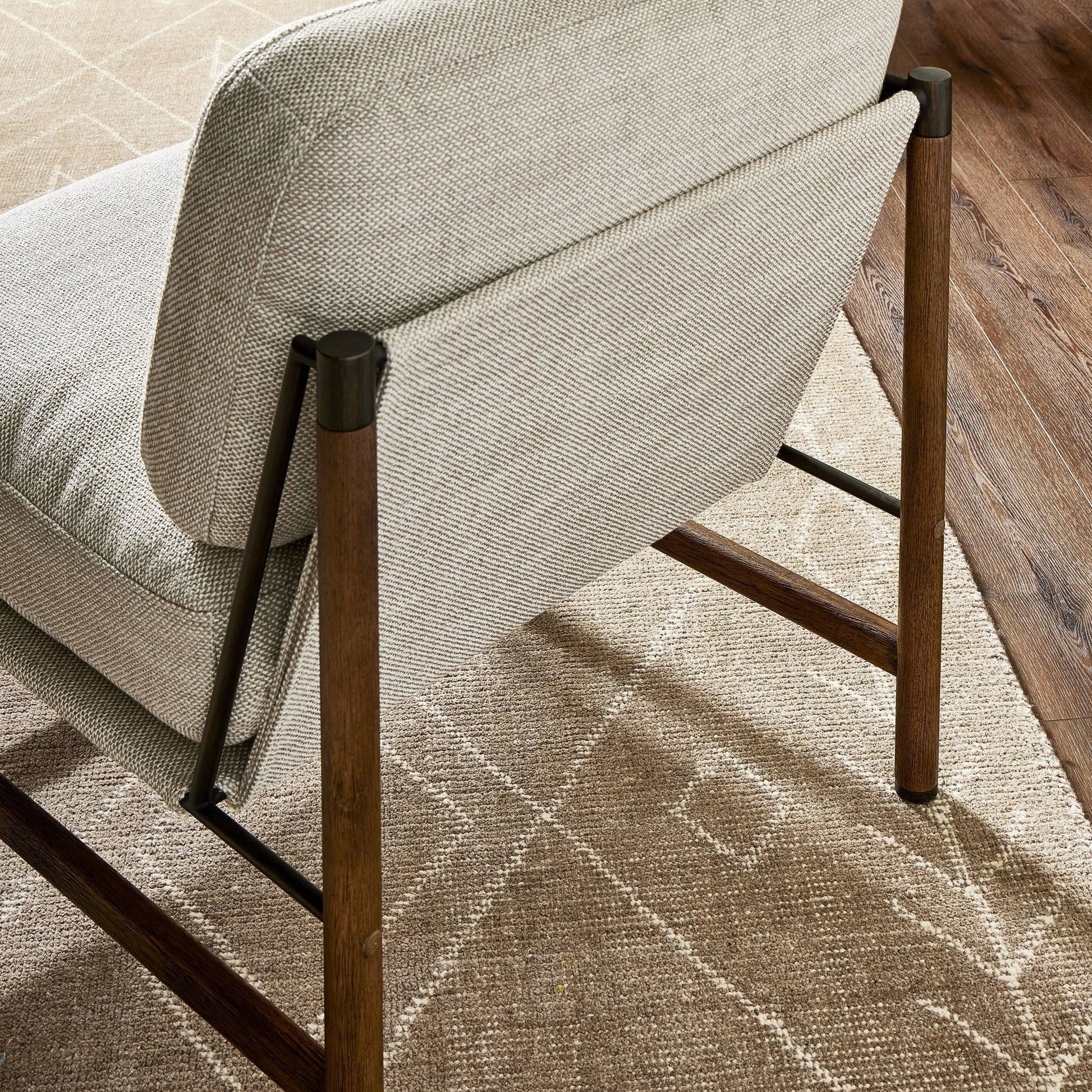 Memphis Chair by Four Hands in gable taupe and distressed natural. Made from 82% polyester, 16% acrylic, 2% wool, solid parawood in a modern style.