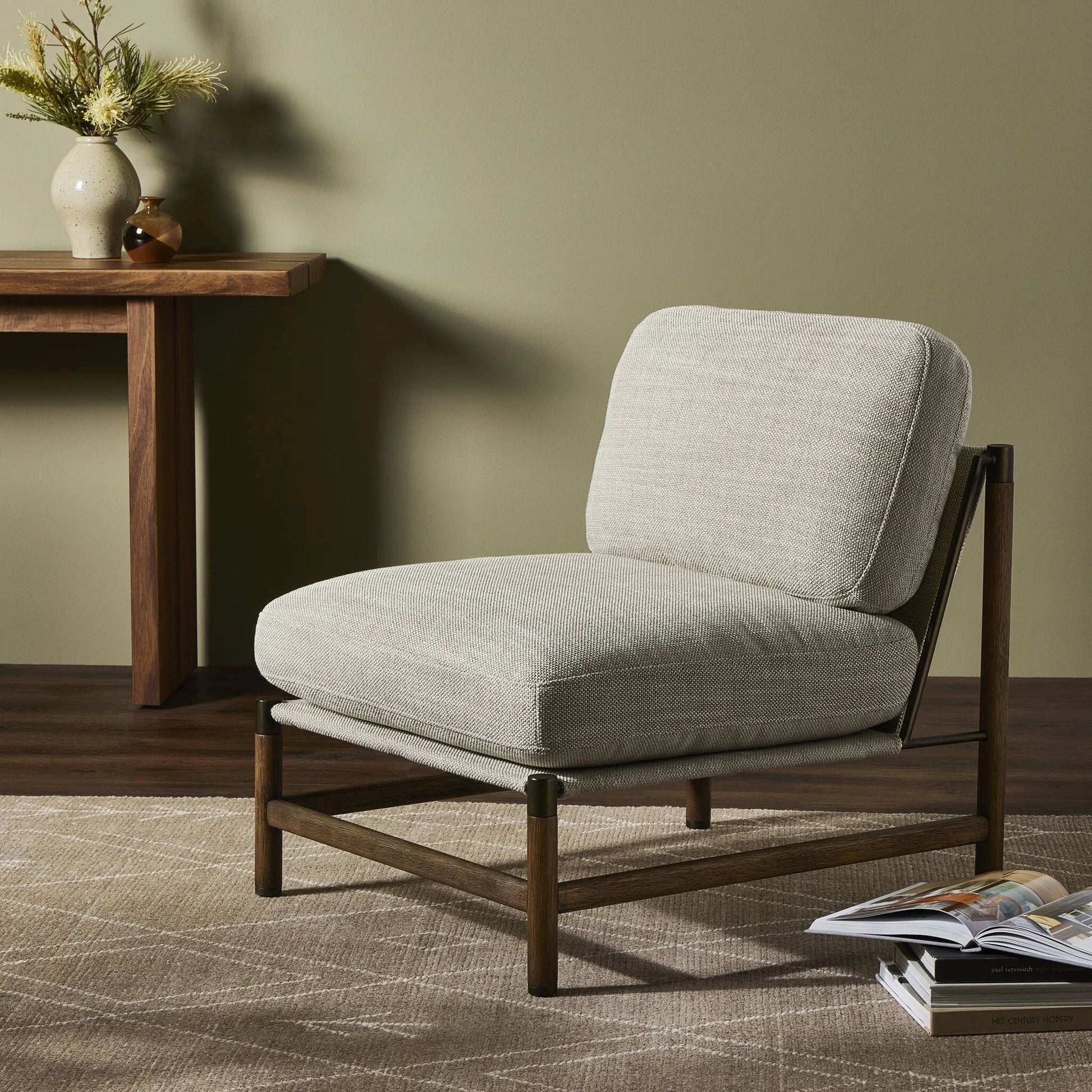 Memphis Chair by Four Hands in gable taupe and distressed natural. Made from 82% polyester, 16% acrylic, 2% wool, solid parawood in a modern style.