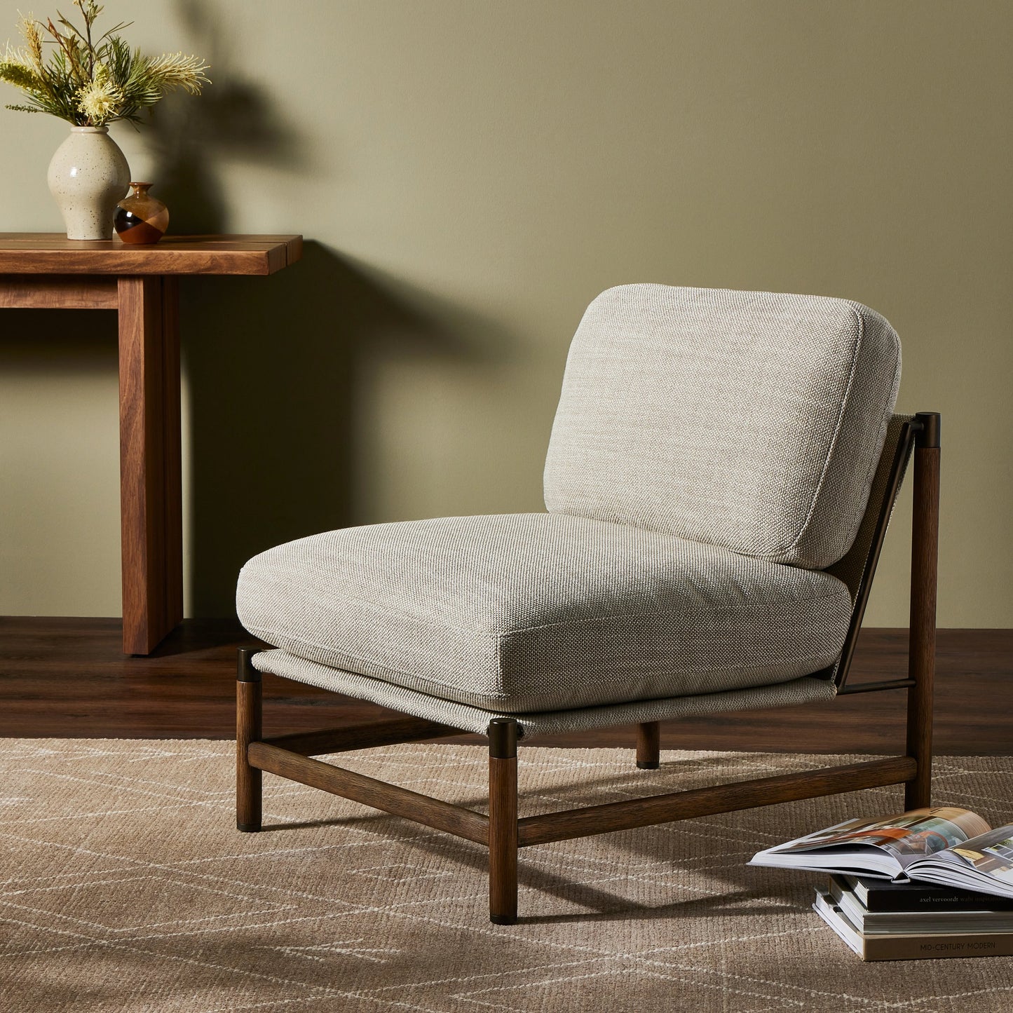 012 SI-1980577 | Lifestyle | Memphis Chair by Four Hands in gable taupe and distressed natural. Made from 82% polyester, 16% acrylic, 2% wool, solid parawood in a modern style.