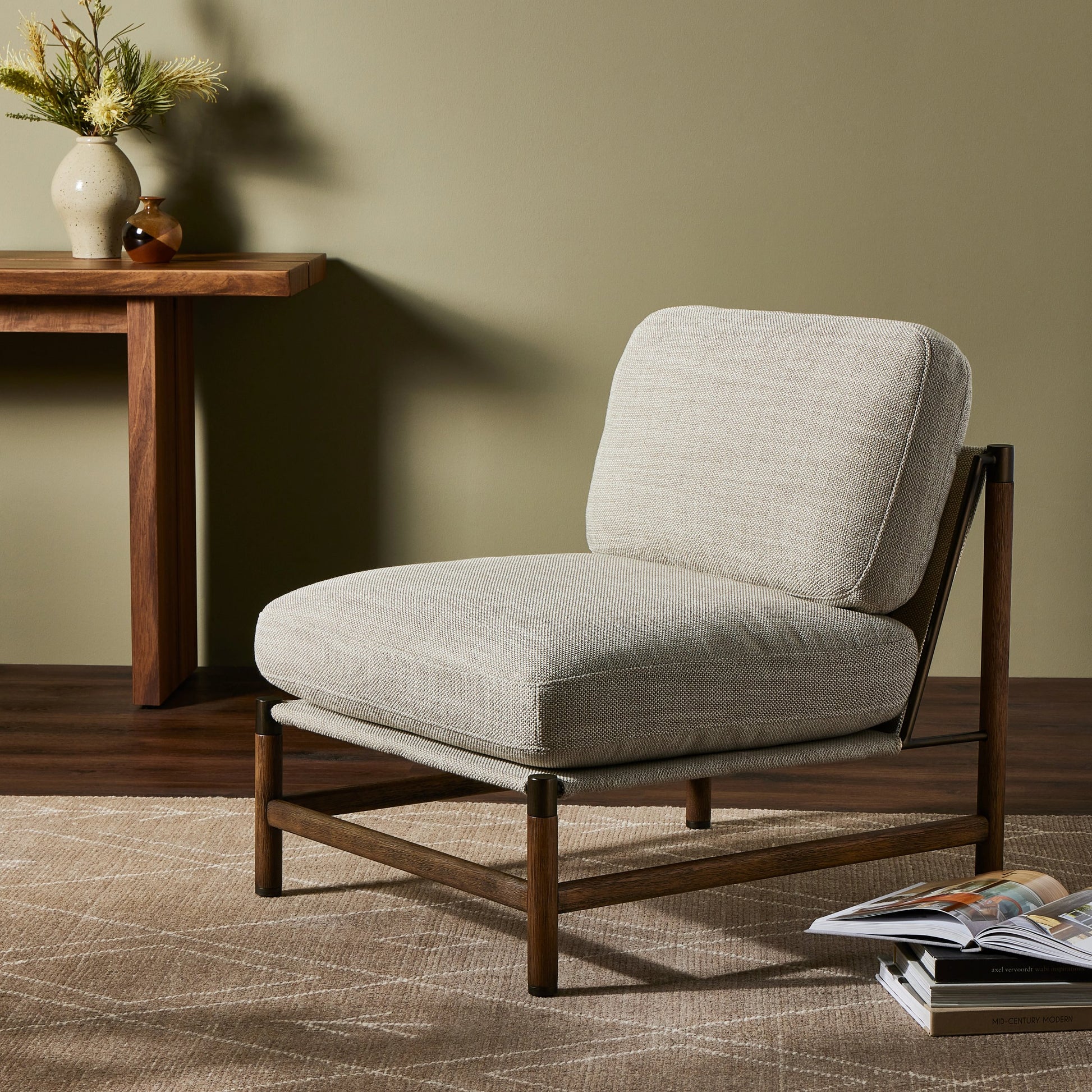 Memphis Chair by Four Hands in gable taupe and distressed natural. Made from 82% polyester, 16% acrylic, 2% wool, solid parawood in a modern style.