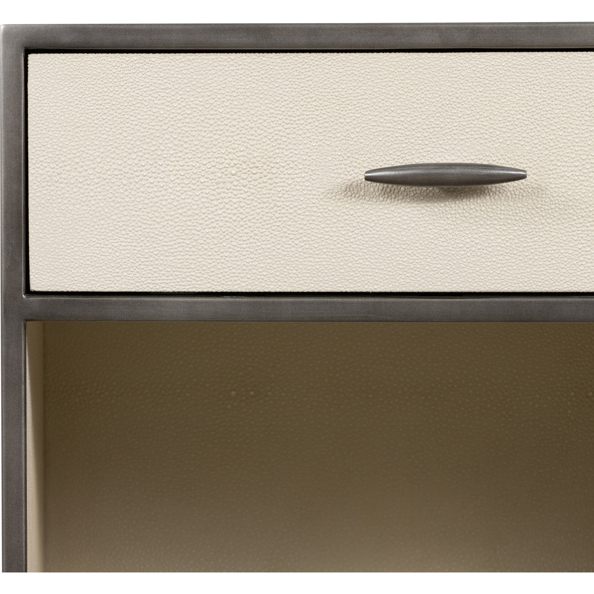 Shagreen Bedside Table by Four Hands in gray and antique brass, gray shagreen. Made from faux shagreen, iron in a modern style.